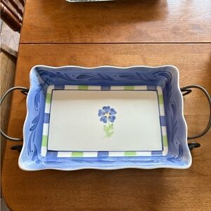 Elegant Blue and White Ceramic Serving Tray with Handles